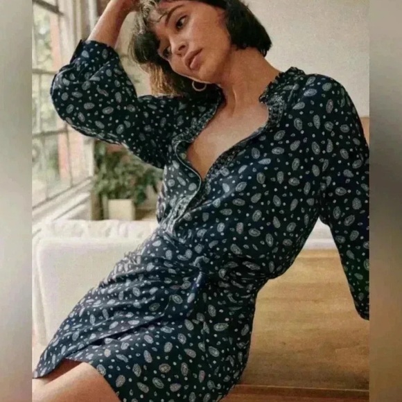 SEZANE Capri Floral Long Sleeve Wrap Mini Dress in Bandana Blue sz US 8 / FR 40 - Picture 2 of 16